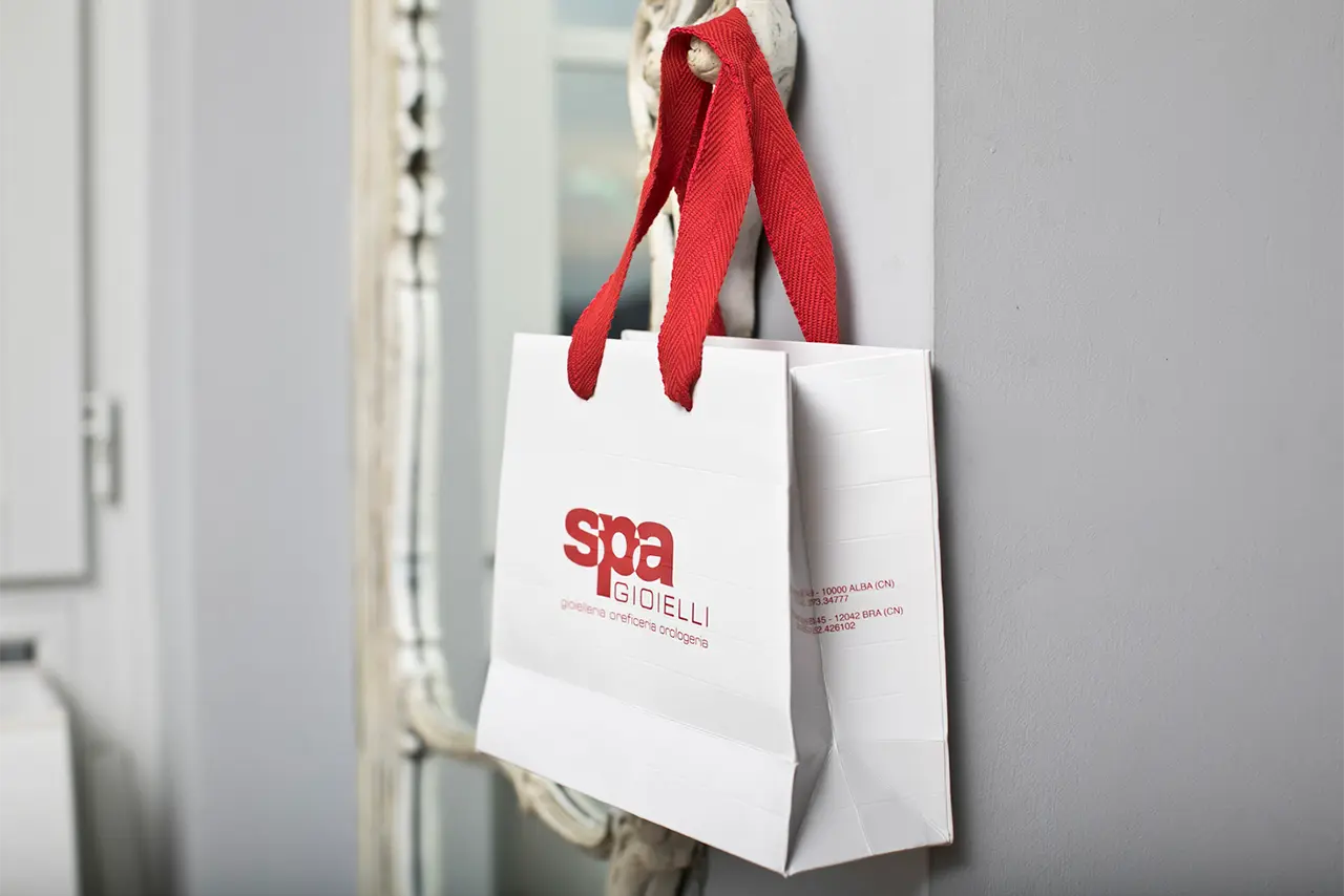 Shopper carta manuale, personalizzata "gioielleria SPA Gioielli" | PG Plast | Produzione shopper, shopping bags, borse personalizzate per negozi e boutique